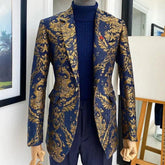 Floral African Men Suits For Wedding Jacquard Slim Fit Groom Tuxedo 2 Pcs Navy Blue Custom Jacket With Pants Male Costume 2024 Same as Model